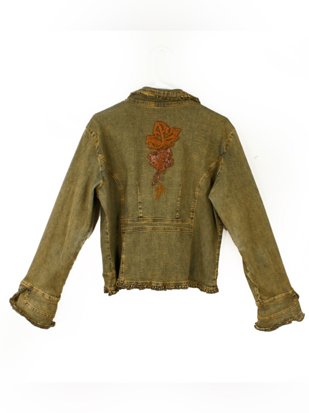 Vintage 2000s Y2K Floral Leaf Beaded Embroidered Flare Sleeve Demin Jean Jacket - Picture 7 of 9